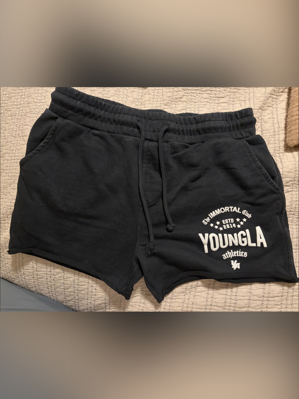 YoungLA Black Athletic Logo Shorts with White Print